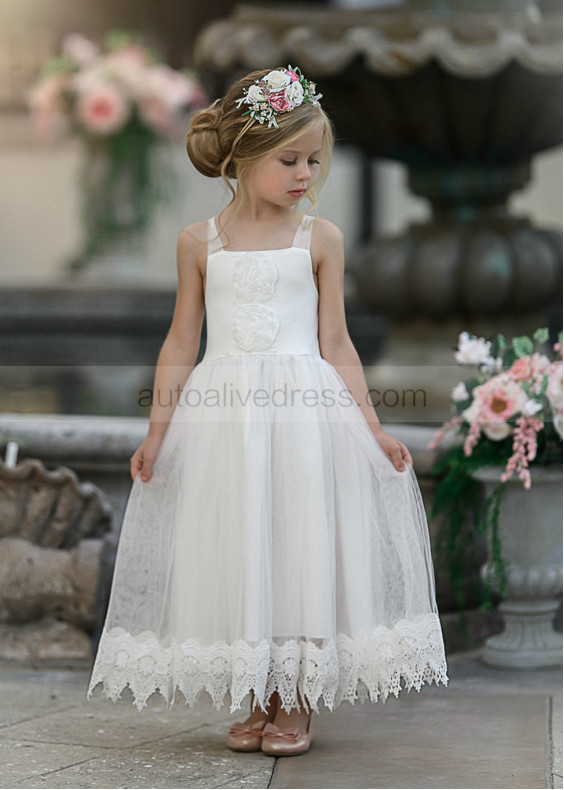 Straight Neck Ivory Lace Tulle Boho Flower Girl Dress